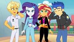 Size: 1280x721 | Tagged: safe, artist:themexicanpunisher, flash sentry, ragamuffin (g4), rarity, sunset shimmer, equestria girls, g4, my little pony equestria girls: better together, double date, female, male, rarimuffin, ship:flashimmer, shipping, straight