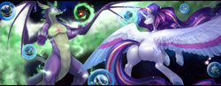 Size: 4500x1750 | Tagged: safe, artist:nsfwbonbon, rarity, spike, alicorn, dragon, pony, unicorn, g4, adult, adult spike, alicornified, ascension enhancement, butt, claws, ethereal wings, female, frog (hoof), giant pony, giant rarity, giant unicorn, giantess, glowing, glowing eyes, glowing horn, goddess, gradient eyes, high res, horn, large butt, large wings, letterboxing, lip bite, macro, magic, male, married couple, mega giant, mega rarity, mega spike, older, older spike, planet, plot, pony bigger than a planet, race swap, rainbow power, raricorn, runes, scales, ship:sparity, shipping, smiling, smirk, space, story included, straight, underhoof, wide hips, wing claws, winged spike, wings