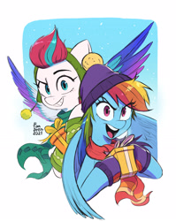 Size: 2480x3112 | Tagged: safe, artist:fanzeem, rainbow dash, zipp storm, pegasus, pony, best gift ever, g5, my little pony: a new generation, beanie, breath, bust, clothes, duo, duo female, eye clipping through hair, female, gloves, grin, hat, high res, holding, hoof gloves, hoof hold, looking at you, mare, open mouth, open smile, present, scarf, signature, smiling, snow, spread wings, wings, winter outfit