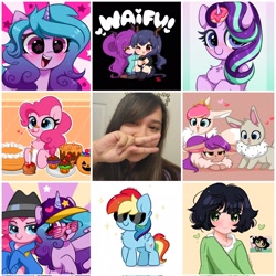 Size: 2048x2048 | Tagged: safe, artist:kittyrosie, part of a set, izzy moonbow, pinkie pie, rainbow dash, starlight glimmer, oc, earth pony, eevee, human, pegasus, pony, unicorn, g5, my little pony: a new generation, buttercup (powerpuff girls), cute, dashabetes, diapinkes, donut, face reveal, food, glimmerbetes, high res, irl, irl human, izzybetes, ocbetes, open mouth, peace sign, photo, pokémon, rapper pie, sunglasses, the powerpuff girls