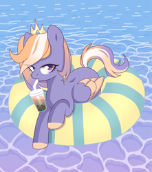 Size: 5000x5666 | Tagged: safe, artist:chip16, artist:nebychko, oc, oc only, oc:golden crescent, pegasus, pony, base used, commission, crown, drink, drinking, female, floaty, food, mare, pegasus oc, pool toy, sipping, solo, swimming pool, tea, water, wings, ych result