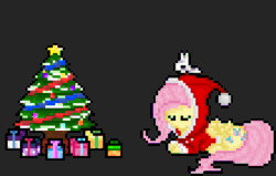 Size: 3520x2240 | Tagged: safe, artist:mariothepixelarter, angel bunny, fluttershy, pegasus, pony, g4, animated, christmas, christmas tree, female, gif, hat, high res, holiday, loop, lying down, male, mare, pixel art, present, prone, santa hat, sleeping, tree