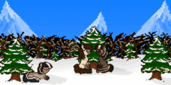 Size: 3584x1792 | Tagged: safe, artist:mariothepixelarter, oc, oc only, earth pony, pony, yakutian horse, animated, boop, female, forest, gif, loop, lying down, mare, onomatopoeia, pixel art, prone, sitting, snow, snow mare, sound effects, tree, trio, zzz