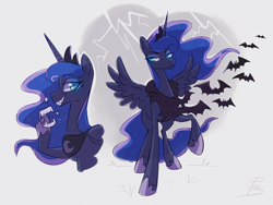 Size: 1928x1452 | Tagged: safe, artist:freckledbastard, princess luna, alicorn, bat, pony, g4, bat cloak, cape, clothes, fake teeth, fangs, female, lightning, mare, solo