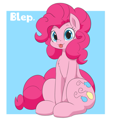 Size: 951x1029 | Tagged: safe, artist:dendollae, pinkie pie, earth pony, pony, g4, :p, cute, female, looking at you, mare, sitting, smiling, solo, tongue out