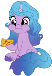 Size: 1024x1478 | Tagged: safe, artist:emeraldblast63, izzy moonbow, pony, unicorn, g4, g5, my little pony: a new generation, cute, female, food, g5 to g4, izzybetes, mare, pizza, simple background, solo, transparent background