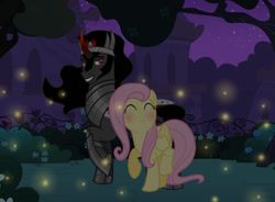 Size: 1280x944 | Tagged: safe, artist:sugarcubecreationz, fluttershy, king sombra, firefly (insect), insect, pegasus, pony, unicorn, g4, blushing, duo, eyes closed, female, grin, male, mare, night, raised hoof, ship:sombrashy, shipping, smiling, stallion, standing on two hooves, straight, vector used