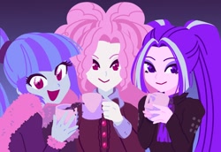 Size: 1164x800 | Tagged: safe, artist:rileyav, adagio dazzle, aria blaze, sonata dusk, equestria girls, g4, adoragio, ariabetes, clothes, color palette, cute, female, happy, looking at you, mug, open mouth, open smile, smiling, sonatabetes, the dazzlings, winter outfit