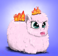 Size: 1500x1444 | Tagged: safe, artist:chopsticks, oc, oc only, oc:fluffle puff, earth pony, pony, burning, cute, female, fire, flufflebetes, lying, mare, ocbetes, on fire, ponyloaf, prone, simple background, solo, spitting