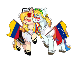 Size: 1000x800 | Tagged: safe, artist:valkiria, oc, oc only, oc:isabella blend, oc:valencia vineyard, pony, :p, blushing, cheek kiss, clothes, colombia, dress, duo, ear piercing, earring, eyes closed, face paint, female, flag, flats, flower, flower in hair, hat, hoof shoes, jewelry, kissing, lesbian, lesbian pride flag, mare, multicolored hair, oc x oc, patriotic, piercing, pride, pride flag, raised hoof, shipping, shirt, shoes, simple background, skirt, tongue out, transparent background, venezuela