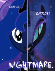 Size: 2158x2780 | Tagged: safe, artist:tehjadeh, nightmare moon, princess luna, alicorn, pony, two sided posters, g4, 2011, dual persona, dual personality, female, high res, mare, multiple heads, poster, slit pupils, two heads