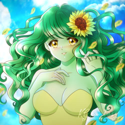 Size: 900x900 | Tagged: safe, artist:kgfantasy, wallflower blush, equestria girls, g4, 90s anime, adorasexy, anime style, bare shoulders, beautiful, beautisexy, breasts, busty wallflower blush, cute, female, flower, flower in hair, flowerbetes, freckles, looking at you, sexy, sleeveless, solo, strapless, sunflower, wallflower and plants