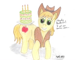 Size: 1345x1070 | Tagged: safe, braeburn, earth pony, pony, g4, birthday, cake, food, looking at you, smiling, solo, traditional art