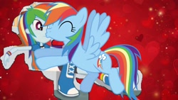 Size: 1920x1080 | Tagged: safe, edit, vector edit, rainbow dash, pegasus, pony, equestria girls, g4, 1000 hours in ms paint, confused, eyes closed, female, flying, heart, heart background, interspecies selfcest, lesbian, red background, self ponidox, selfcest, ship:dashdash, shipping, simple background, vector