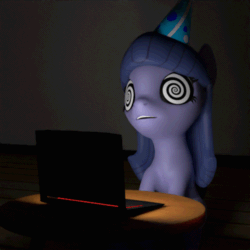 Size: 500x500 | Tagged: safe, alternate version, artist:the luna fan, oc, oc only, oc:cosmia nebula, earth pony, pony, 3d, animated, blender, computer, cycles render, earth pony oc, gif, hat, hypno eyes, hypnosis, hypnotized, night, open mouth, party hat, solo, swirly eyes, table, wooden floor