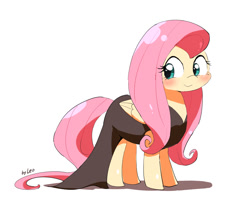 Size: 1200x1000 | Tagged: safe, artist:leo19969525, fluttershy, pegasus, pony, g4, black dress, blushing, clothes, cute, daaaaaaaaaaaw, dress, female, looking sideways, mare, shadow, shyabetes, simple background, smiling, solo, white background
