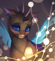 Size: 1900x2100 | Tagged: safe, artist:miurimau, oc, oc only, oc:waves, changeling, changeling oc, christmas, christmas changeling, christmas lights, cute, cuteling, holiday, lights, simple background, solo