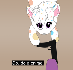 Size: 4000x3856 | Tagged: safe, artist:eminent entropy, oc, oc only, oc:confetti cupcake, oc:stellar trace, bat pony, pony, bat pony oc, go do a crime, gun, handgun, high angle, looking at you, looking up, looking up at you, meme, offscreen character, ponified, ponified animal photo, ponified meme, solo, weapon