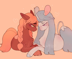 Size: 1280x1067 | Tagged: safe, artist:lellybelly3, izzy moonbow, sunny starscout, earth pony, pony, unicorn, g5, my little pony: a new generation, blushing, female, heart, leonine tail, lesbian, looking at each other, looking at someone, nuzzling, redesign, ship:moonscout, shipping, simple background, smiling, smiling at each other, tail, watermark