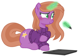 Size: 1024x741 | Tagged: safe, artist:leanne264, oc, oc only, pony, unicorn, female, horn, lying down, magic, mare, prone, simple background, solo, table, transparent background, unicorn oc