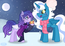 Size: 1280x915 | Tagged: safe, artist:purplepotato04, oc, oc only, oc:fleurbelle, oc:lavender moonshine, alicorn, pegasus, pony, alicorn oc, clothes, duo, female, glasses, horn, mare, moon, obtrusive watermark, present, scarf, snow, sweater, watermark, wings