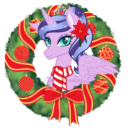 Size: 1280x1280 | Tagged: safe, artist:katelynleeann42, oc, oc only, oc:dreamlight, alicorn, pony, bust, christmas wreath, clothes, female, mare, portrait, scarf, simple background, solo, transparent background, wreath