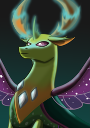 Size: 2059x2912 | Tagged: safe, artist:milynh83, thorax, changedling, changeling, g4, frown, glowing, glowing antlers, glowing horn, gradient background, high res, horn, horns, king thorax, looking up, magic, male, purple eyes, purple wings, solo, sparkles, sparkly wings, spread wings, wings