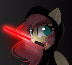 Size: 1923x1748 | Tagged: safe, artist:janelearts, fluttershy, pony, g4, lightsaber, mouth hold, sith, solo, star wars, weapon