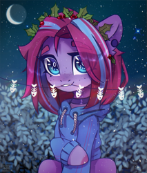 Size: 1029x1209 | Tagged: safe, artist:radioaxi, oc, oc only, earth pony, pony, clothes, freckles, hoodie, moon, night, sky, solo, stars