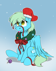 Size: 1744x2208 | Tagged: safe, alternate character, alternate version, artist:rokosmith26, oc, oc only, oc:sea glow, pegasus, pony, bow, cheek fluff, chest fluff, christmas, christmas stocking, christmas wreath, commission, floppy ears, gradient background, holiday, looking up, male, one ear down, pegasus oc, pegasus wings, raised hoof, ribbon, simple background, sitting, smiling, solo, stallion, sweat, sweatdrop, tail, tongue out, wings, wreath, ych result