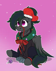 Size: 1744x2208 | Tagged: safe, alternate character, alternate version, artist:rokosmith26, oc, oc only, hippogriff, hybrid, bow, cheek fluff, chest fluff, christmas, christmas stocking, christmas wreath, claws, clothes, commission, female, floppy ears, gradient background, hippogriff hybrid, hippogriff oc, holiday, jersey, looking up, mare, one ear down, pants, ponytail, raised hoof, ribbon, simple background, sitting, smiling, solo, sweat, sweatdrop, tail, tongue out, wings, wreath, ych result