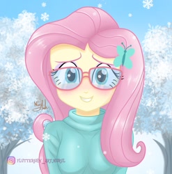 Size: 907x918 | Tagged: safe, artist:fluttershy_art.nurul, fluttershy, equestria girls, g4, beautiful, blushing, butterfly hairpin, christmas, clothes, cute, glasses, hairpin, happy, holiday, looking at you, shyabetes, smiling, snow, snowflake, solo, tree, winter, winter outfit
