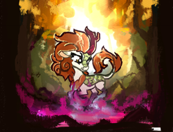 Size: 1500x1150 | Tagged: safe, artist:megalura, autumn blaze, kirin, g4, female, forest, solo, worried