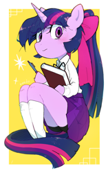 Size: 2076x3308 | Tagged: safe, artist:fuyugi, twilight sparkle, unicorn, semi-anthro, g4, alternate hairstyle, arm hooves, blushing, book, clothes, cute, high res, looking at you, pen, ribbon, skirt, socks, solo, twiabetes, unicorn twilight
