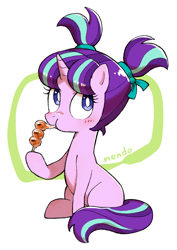 Size: 1246x1758 | Tagged: safe, artist:fuyugi, starlight glimmer, pony, unicorn, cute, dango, dumplings, eating, female, filly, filly starlight glimmer, food, glimmerbetes, herbivore, pigtails, simple background, sitting, solo, white background, white pupils, younger
