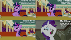 Size: 1280x720 | Tagged: safe, edit, edited screencap, editor:quoterific, screencap, beaude mane, joan pommelway, rarity, twilight sparkle, alicorn, earth pony, pony, unicorn, g4, season 6, the saddle row review, booth, diner, ears back, eyes closed, female, male, mare, open mouth, stallion, twilight sparkle (alicorn)