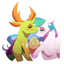 Size: 1280x1280 | Tagged: safe, artist:primrosepaper, princess celestia, thorax, alicorn, changedling, changeling, pony, g4, blushing, colored pupils, egg, ethereal mane, eyes closed, feather, female, flowing mane, folded wings, horn, horns, king thorax, male, shipping, simple background, starry mane, straight, thoralestia, transparent background, wings