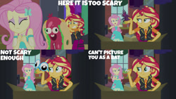 Size: 1280x720 | Tagged: safe, edit, edited screencap, editor:quoterific, screencap, fluttershy, sunset shimmer, costume conundrum, costume conundrum: sunset shimmer, equestria girls, g4, my little pony equestria girls: better together, clothes, cutie mark, cutie mark on clothes, duo, duo female, eyes closed, female, geode of empathy, geode of fauna, hairpin, jacket, jewelry, leather, leather jacket, magical geodes, necklace, open mouth
