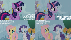 Size: 1280x720 | Tagged: safe, edit, edited screencap, editor:quoterific, screencap, fluttershy, rarity, twilight sparkle, alicorn, pegasus, pony, unicorn, g4, princess twilight sparkle (episode), season 4, :o, female, mare, open mouth, open smile, smiling, twilight sparkle (alicorn)