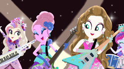 Size: 1367x768 | Tagged: safe, artist:gihhbloonde, oc, oc only, oc:gihh bloonde, equestria girls, g4, my little pony equestria girls: legend of everfree, base used, clothes, dress, electric guitar, eyelashes, eyes closed, female, flower, flower in hair, gloves, group, guitar, long gloves, makeup, musical instrument, smiling