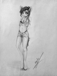 Size: 960x1280 | Tagged: safe, artist:thatdreamerarts, apple bloom, earth pony, anthro, unguligrade anthro, g4, bra, clothes, daisy dukes, female, grayscale, monochrome, see-through, shorts, solo, teenage apple bloom, traditional art, underwear