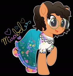 Size: 1724x1797 | Tagged: safe, artist:lovinglypromise, earth pony, pony, g4, black background, clothes, cute, disney, encanto, female, glasses, mare, mirabel madrigal, ponified, simple background, solo