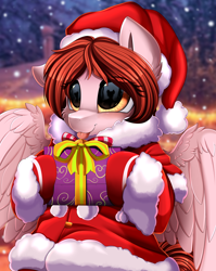 Size: 2550x3209 | Tagged: safe, artist:pridark, oc, oc only, oc:weathervane, pegasus, pony, christmas, clothes, costume, hat, high res, holiday, present, santa costume, santa hat, snow, snowfall, solo