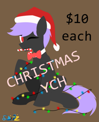 Size: 457x559 | Tagged: safe, artist:samsailz, oc, oc only, bowtie, candy, candy cane, christmas, christmas lights, commission, food, hat, holiday, lineless, no pupils, one eye closed, santa hat, solo, tangled up, wink, ych example, your character here