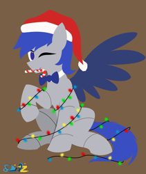 Size: 2362x2795 | Tagged: safe, artist:samsailz, oc, oc only, pegasus, pony, bowtie, candy, candy cane, christmas, christmas lights, commission, food, hat, high res, holiday, lineless, no pupils, santa hat, solo, tangled up, ych result