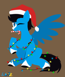 Size: 2362x2795 | Tagged: safe, artist:samsailz, oc, oc only, pegasus, pony, blaze (coat marking), candy, candy cane, christmas, christmas lights, coat markings, commission, facial markings, food, hat, high res, holiday, lineless, no pupils, santa hat, socks (coat markings), solo, tangled up, ych result