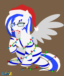 Size: 2362x2795 | Tagged: safe, artist:samsailz, oc, oc only, oc:light speed, pegasus, pony, candy, candy cane, christmas, christmas lights, commission, food, glasses, hat, high res, holiday, lineless, no pupils, santa hat, solo, tangled up, ych result