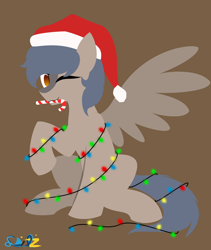 Size: 2362x2795 | Tagged: safe, artist:samsailz, oc, oc only, pegasus, pony, candy, candy cane, christmas, christmas lights, commission, food, hat, high res, holiday, lineless, no pupils, santa hat, solo, tangled up, ych result