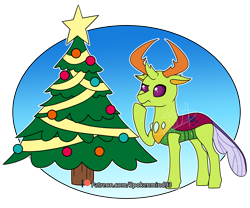 Size: 3000x2500 | Tagged: safe, artist:spokenmind93, thorax, changedling, changeling, g4, christmas, christmas changeling, christmas tree, confused, hearth's warming eve, high res, holiday, king thorax, patreon, patreon logo, patreon reward, simple background, solo, stars, transparent background, tree
