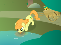 Size: 2560x1920 | Tagged: safe, artist:greenhoof, carrot top, golden harvest, earth pony, pony, g4, cart, face down ass up, female, horses doing horse things, jinkela, lapping, licking, mare, solo, tongue out, tree, vector, water, wheel